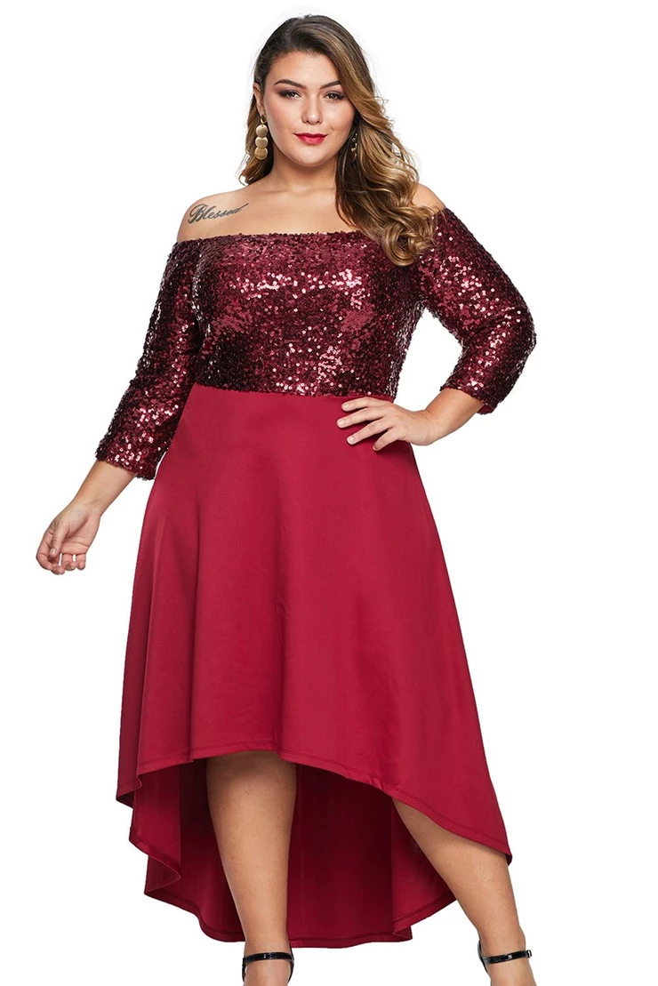 Red Off Shoulder Sequin Bodice Hi-lo Party Plus Size Dress MB611451-3 â ModeShe.com | Plus size