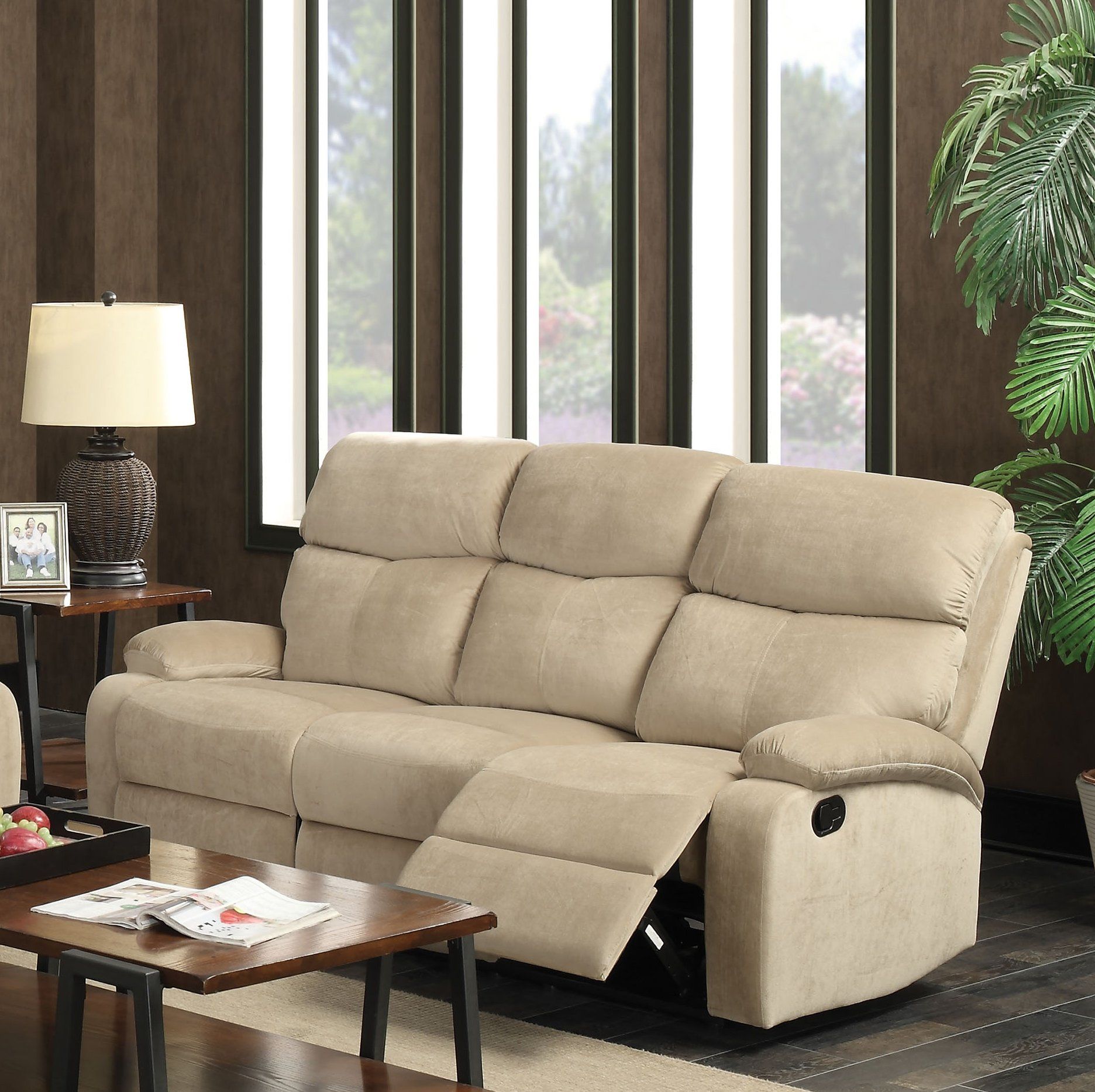 Acme Mayborn Sand Padded Suede Motion Sofa Reclining Acme Mayborn Sand Padded Suede Motion