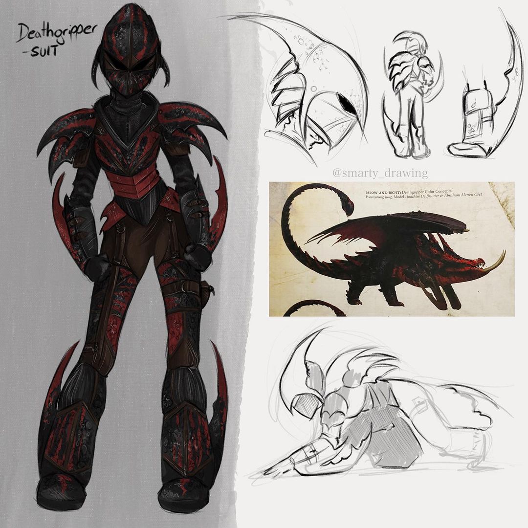 𝐀𝐫𝐭𝐢𝐬𝐭 on Instagram: “Okay but a deathgripper suit would‘ve been so dope 🤌🏼 . . #httyd #httyd2 #httyd3 #httydfanart #fanart #art #fanarthttyd #dreamworks…” Httyd Dragons, Cool Dragons, Dreamworks Dragons, Cute Dragon Drawing, Dragon Sketch, Fantasy Character Design, Character Art, Armor Drawing, Httyd Art