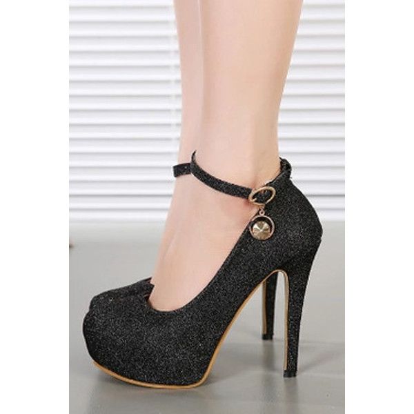 Black Glitter Platform Ankle Strap Stiletto High Heel Pumps (120 RON ... Prom Platform High Heels