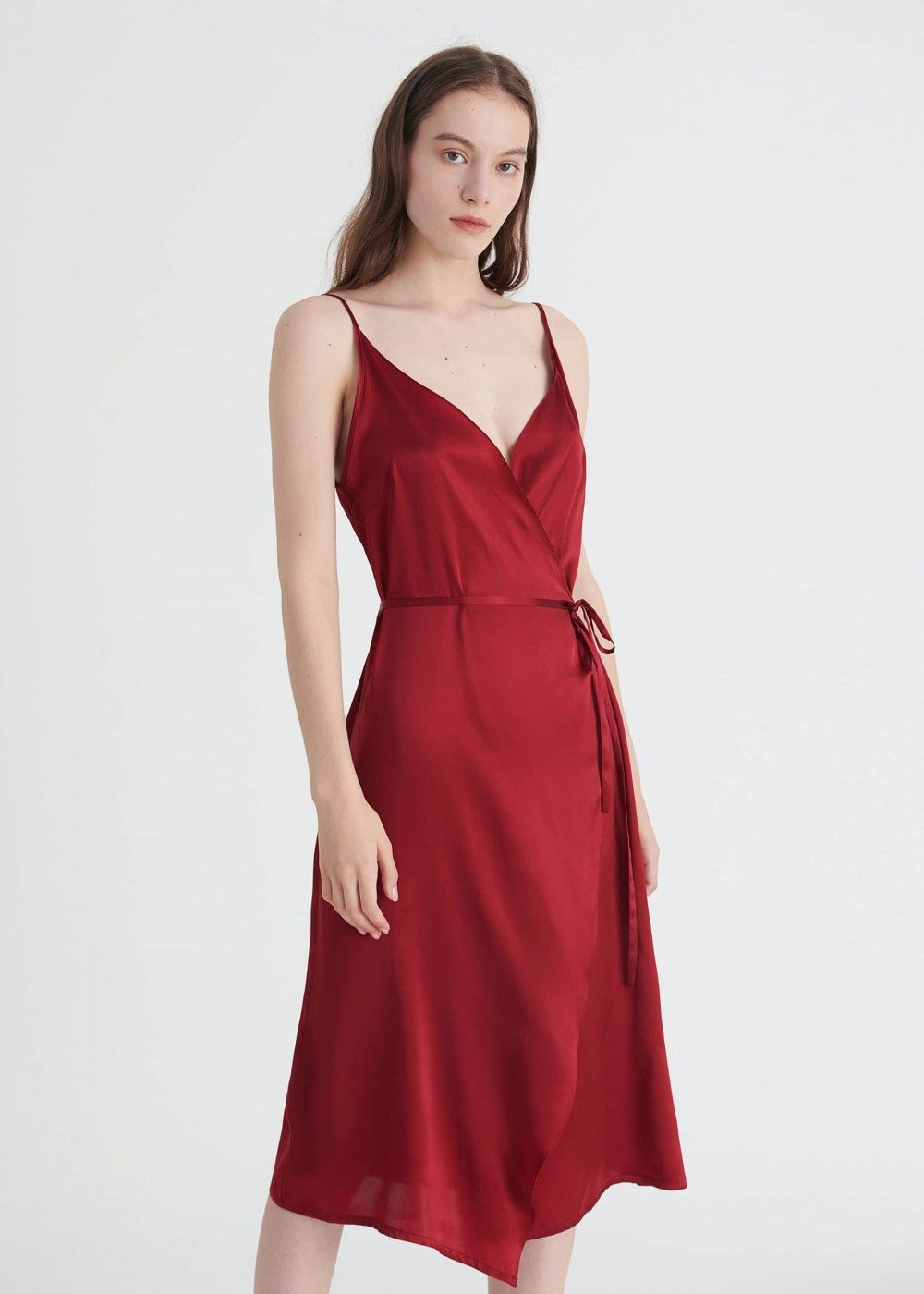 V Neck Tie Waist Silk Evening Dress Silk Dress Long Red Silk Dress Silk Evening Dress