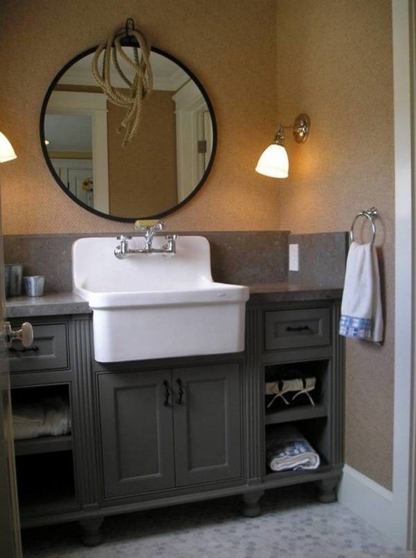 Image Of Incredible Antique Bathroom Vanity Sink Using Farmhouse Image of Incredible Antique Bathroom Vanity Sink Using Farmhouse Basin with Single Hole Double Handle Faucet on Grey Painted Cabinets also Framed Round ... - Image Of Incredible Antique Bathroom Vanity Sink Using Farmhouse