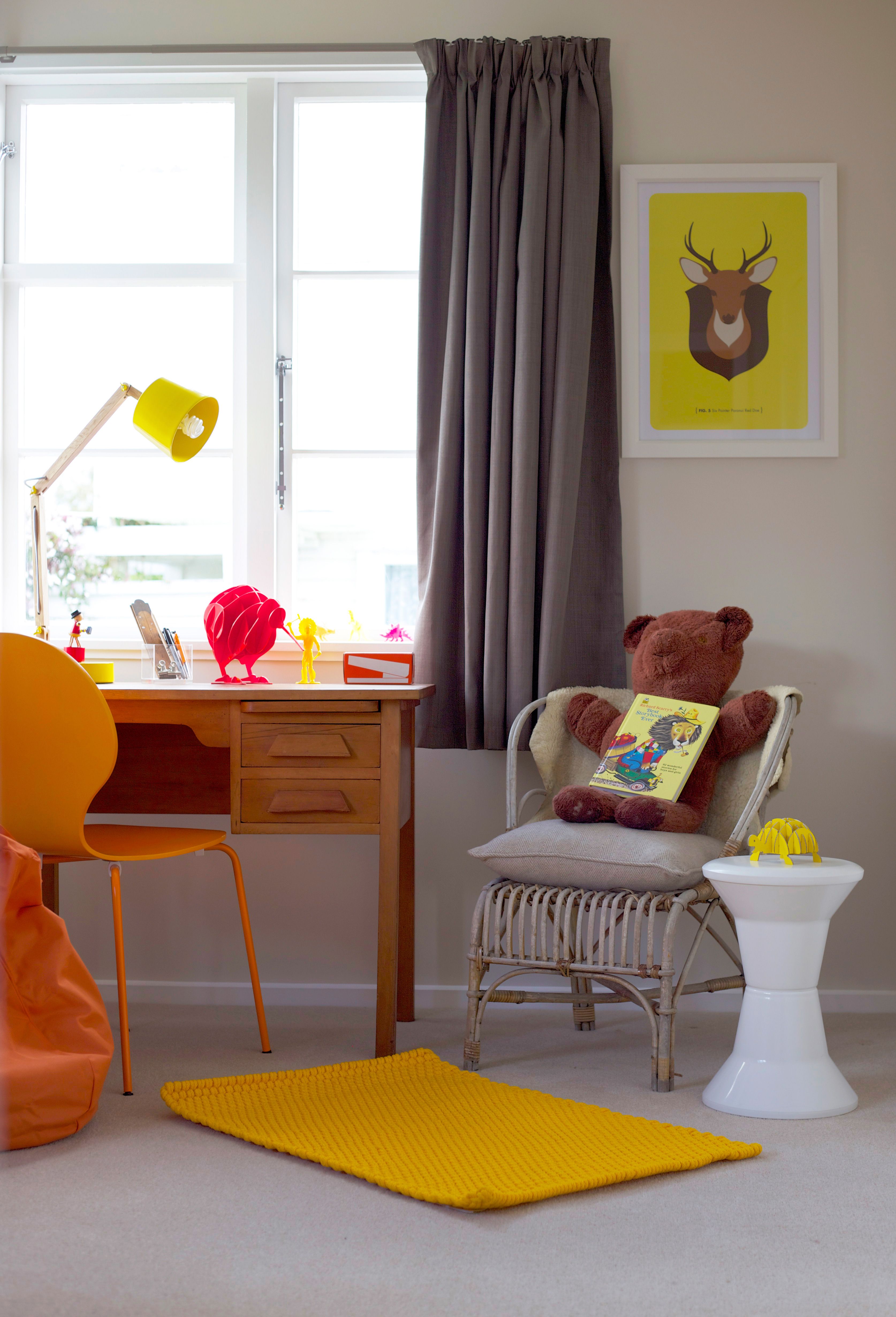 Kids bedroom yellow mat vintage desk vintage teddy bear