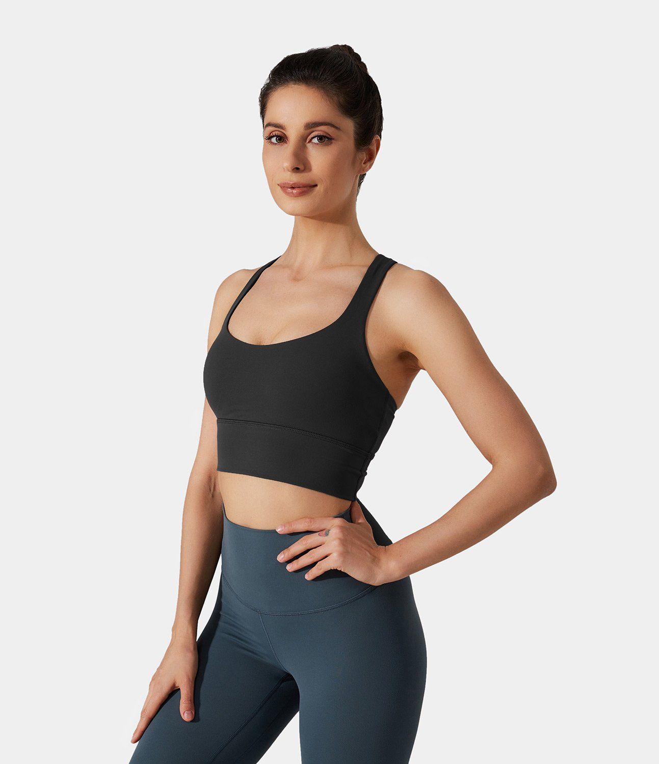 Women's Medium Support Crisscross Plain Sports Bra. Nylon-80%, Spandex-20%, Nylon, Spandex. Sweat-wicking, Breathable, 4-way stretch. Machine