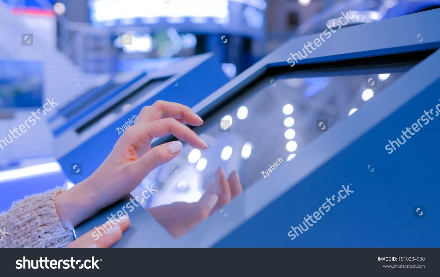 Woman Hand Using Interactive Touchscreen Display Of Electronic Multimedia Terminal At Modern Technology Exh In 2020 Touch Screen Display Modern Technology Touch Screen