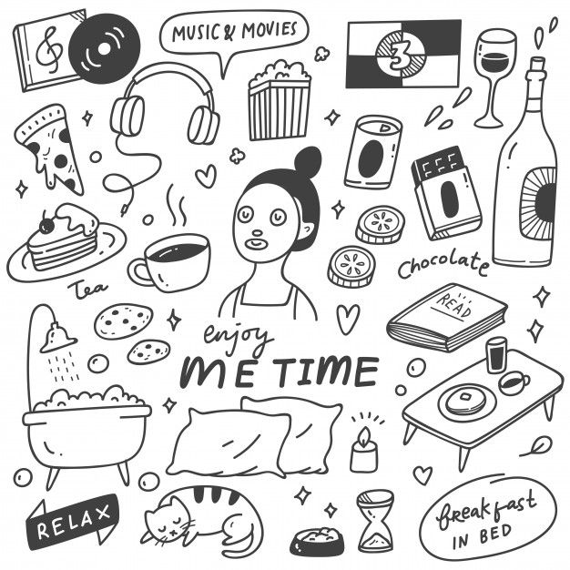 Me time concept doodle illustration Prem... | Premium Vector #Freepik #vector #food #music #cake #pizza Doodle Art For Beginners, Easy Doodle Art, Doodle Art Designs, Doodle Art Journals, Journal Doodles, Bullet Journal Lettering Ideas, Bullet Journal Ideas Pages, Little Doodles, Cute Doodles