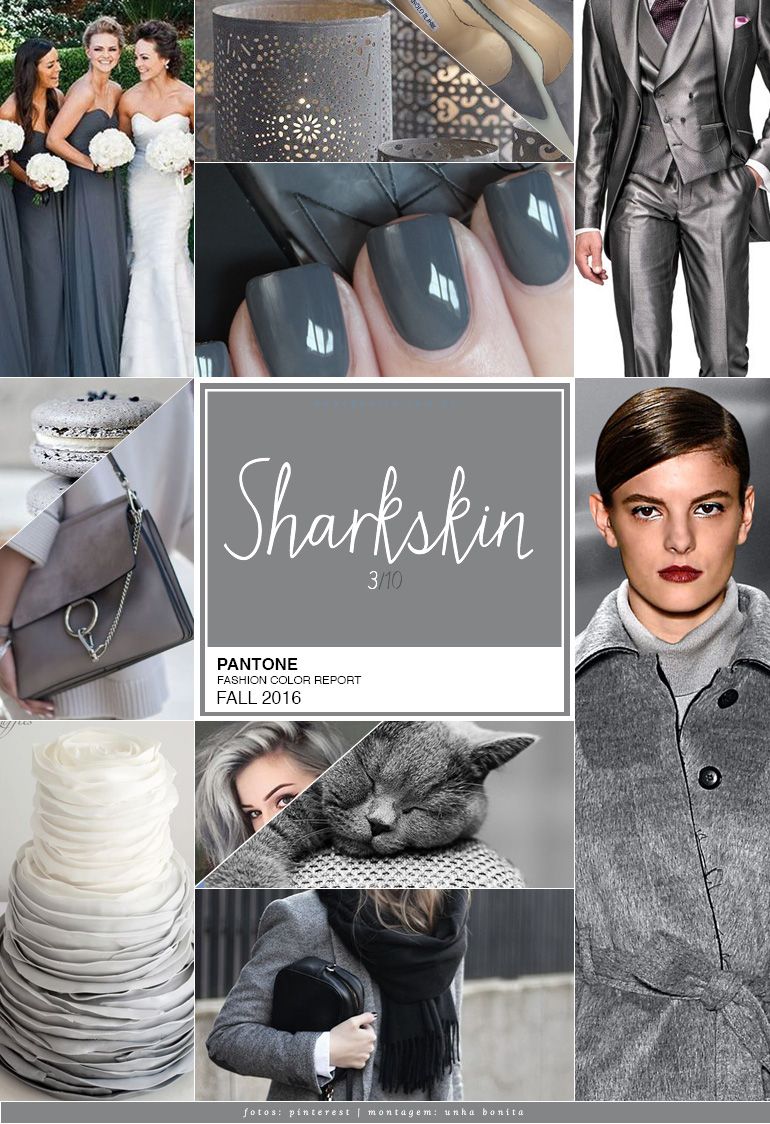 Hoje é a vez da terceira cor da cartela Pantone Fall 2016 – a Sharksin (“pele de tubarão”). Trazendo sobriedade à paleta, é aquele tom de cinza super neutro que combina com tudo. Imagine-se vendo tudo em tons de cinza: o Sharkskin praticamente não tem “cor” – a combinação de tons dele faz com que sua tonalidade seja praticamente uma escala de cinza. Não é aquele cinza que vemos azul, ou verde…ele é cinza. Nem tão claro, nem tão escuro. Sharkskin PANTONE 17-3914 Tem a vantagem de permanecer ne... 2016 Fashion Trends, Fall Fashion 2016, 2016 Trends, Autumn Winter Fashion, Fall Winter, 2016 Colors, Mood Colors, Pantone Fall, Pantone Color
