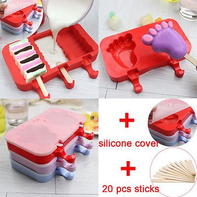 Frozen Juice Popsicle Maker Ice Lolly Pop Mould with Wood Sticks-The Worlds First 4 Cell Silicone Ice Cream Mould