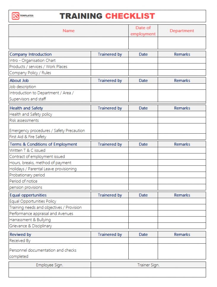 Ojt Training Checklist Template