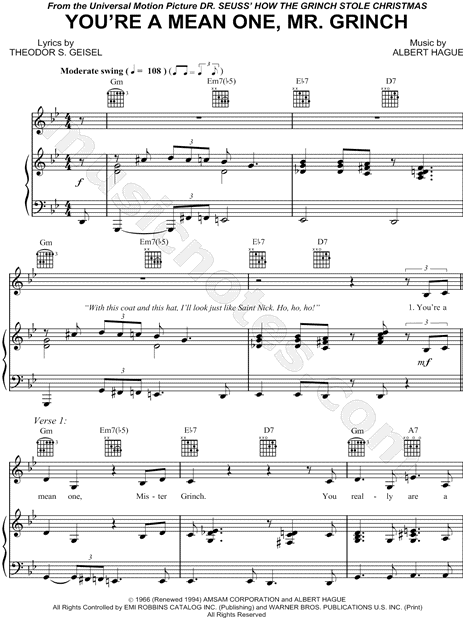 Print and download You're a Mean One, Mr. Grinch sheet music by Jim