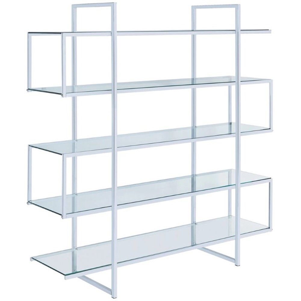 Jump on a trendy, modern bandwagon. Refresh a contemporary space with a stylish piece designed to organize and display. This four-tier bookcase offers a cool profile with personality. Tempered glass shelves blend perfectly with a steel frame. Make room for books, photos, and decor on this edgy, attitude-rich piece.Features : Finish: Clear and Chrome; Material: Glass and Metal; Pattern: Solid; A modern futuristic design makes this bookcase ideal for a contemporary home; Beautifully polished elect Metal Bookcase, 5 Shelf Bookcase, Etagere Bookcase, Book Shelves, Bookcases, Coaster Fine Furniture, Tempered Glass Shelves, Futuristic Design, Glass Material