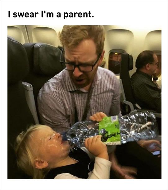 funny Dad takes care of kid in the airplane. Good Parenting, Parenting
