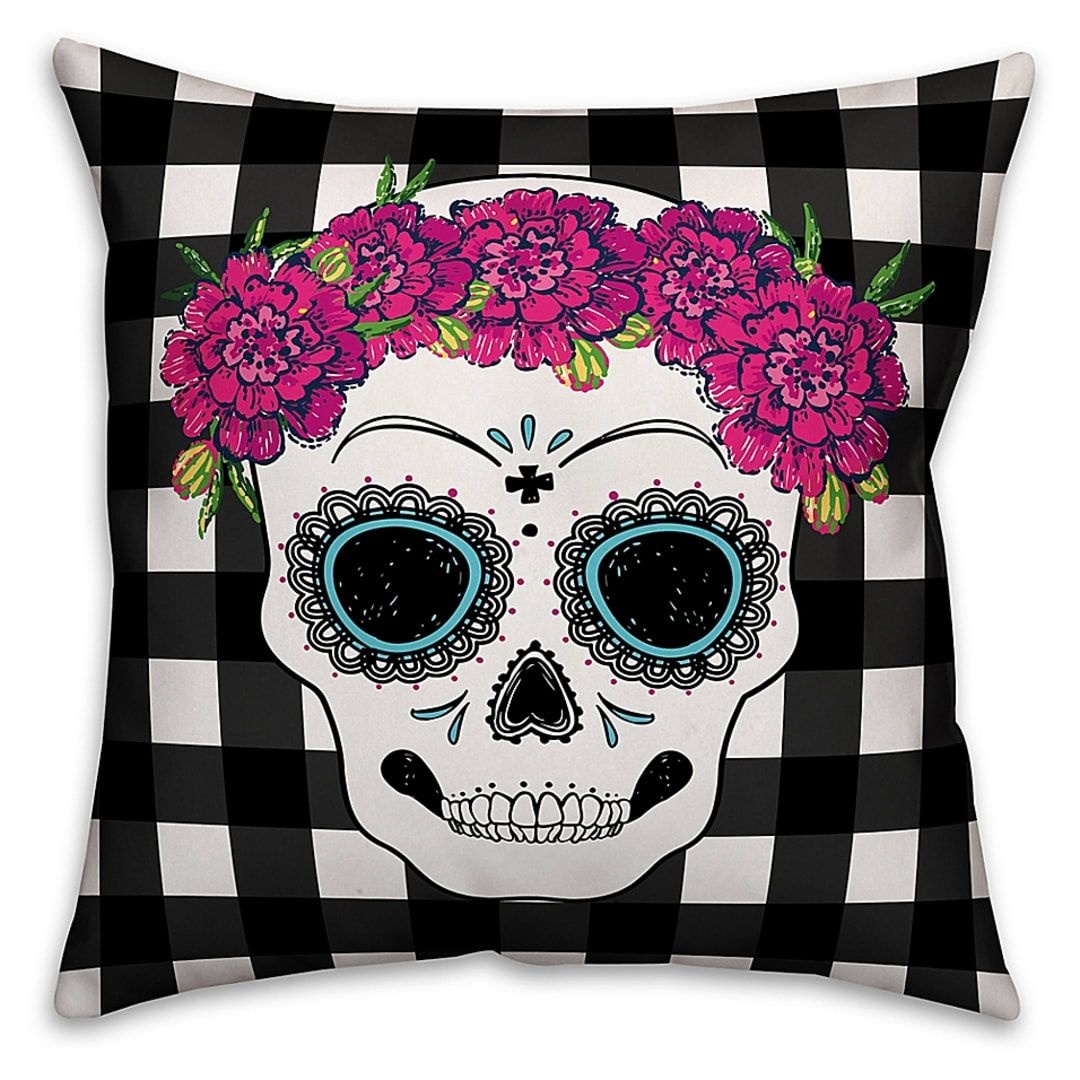 Halloween Sugar Skull Square Throw Pillow In Black/white