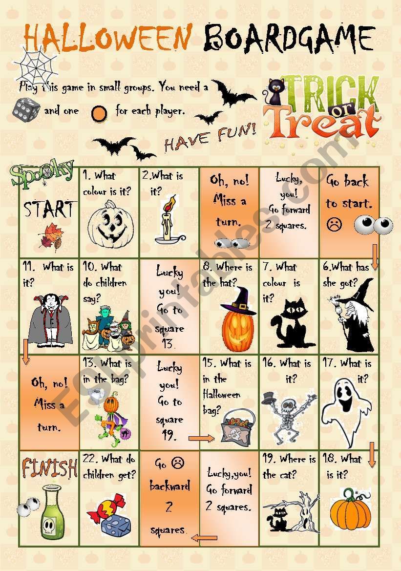 Halloween Boardgame ESL worksheet by Szilvi Halloween Board Game, Halloween Lesson, Halloween