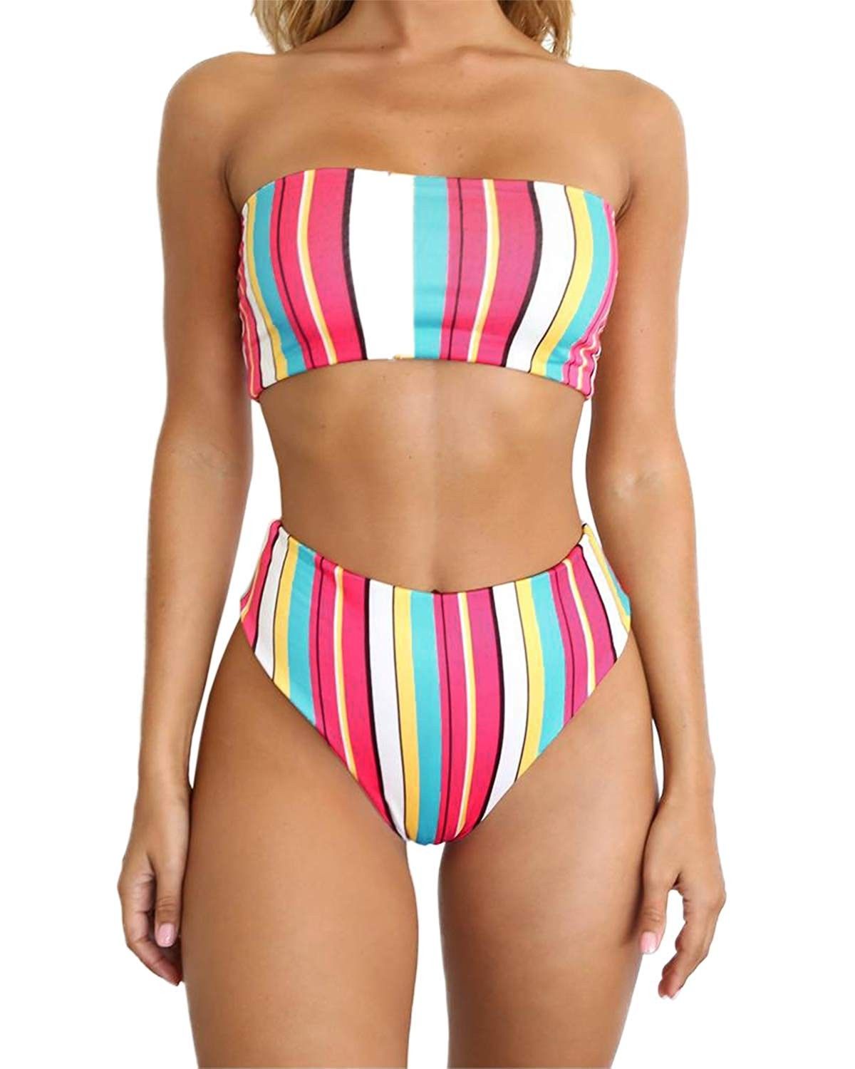 Women's Padded Tube Tops Strapless Bathing Suit Swimwear Bikini Set - C018QSNEI4A - Sports & Fitness...