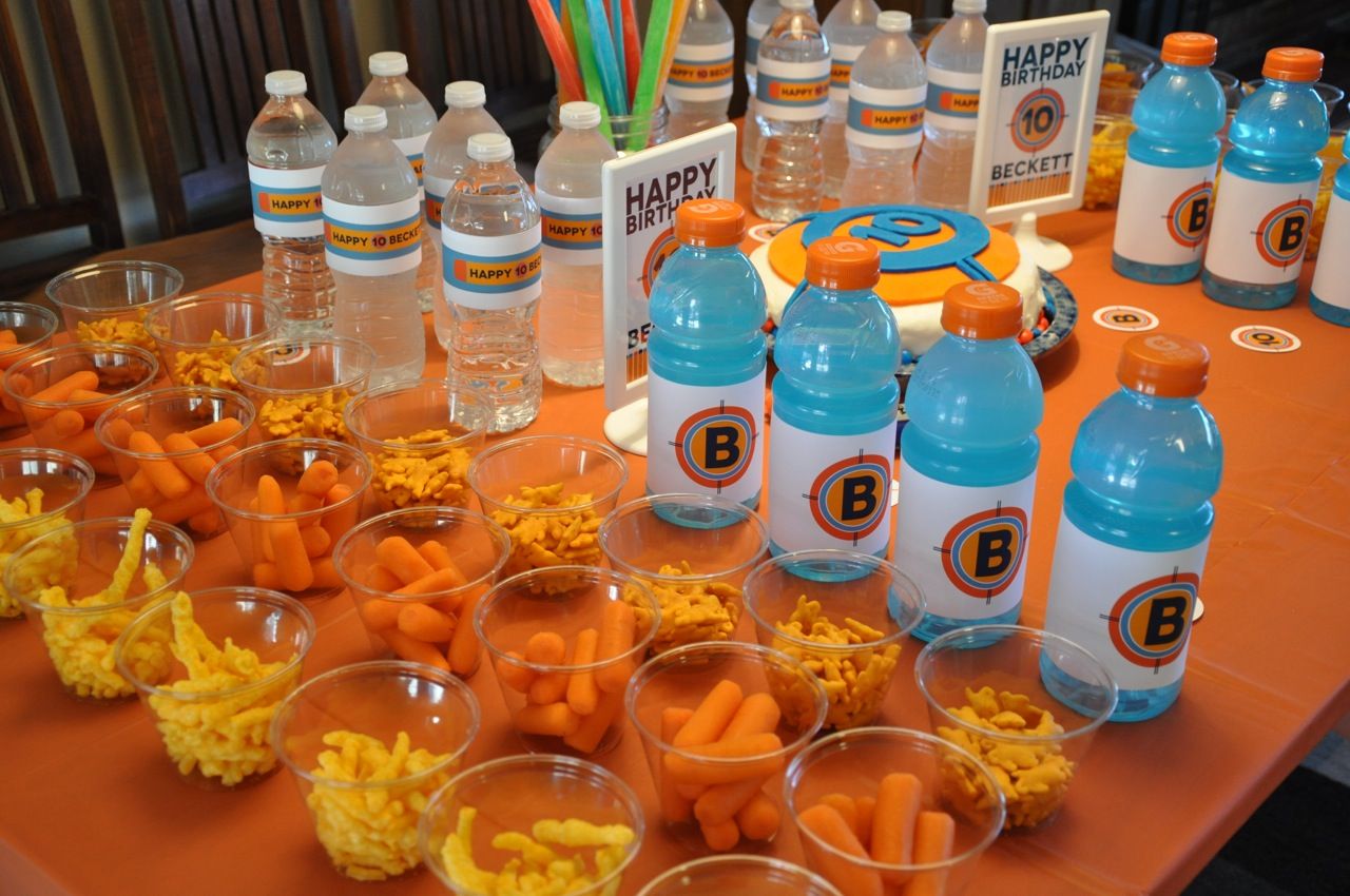 Nerf Themed Boys 10th Birthday Party Table Decor Snacks Custom Drink Bottles All Graphics By A Talented Friend Nerf Themed Boys 10th Birthday Party Table Decor Snacks Custom Drink Bottles All Graphics By A Talented Friend