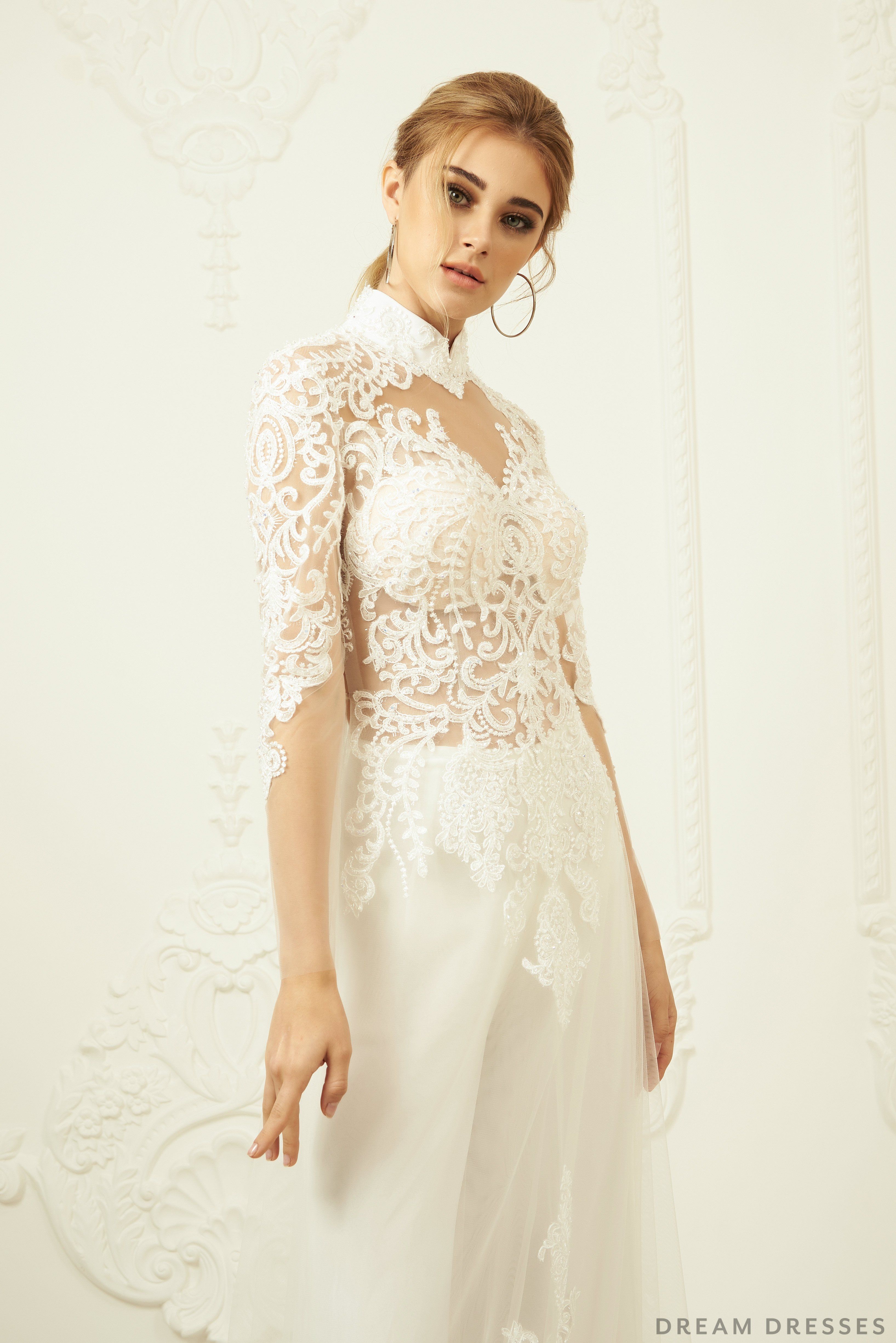 White Bridal Ao Dai Modern Vietnamese Lace Bridal Dress
