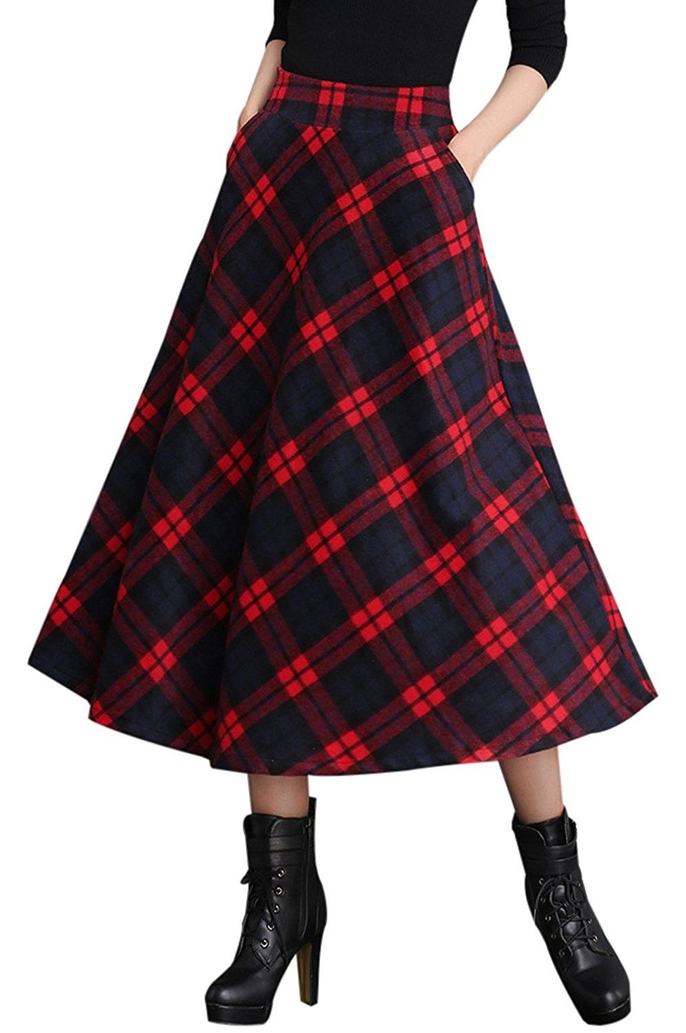 Womens High Waist A Line Flared Plaid Long Skirt Winter Fall Warm Woollen Skirt Red