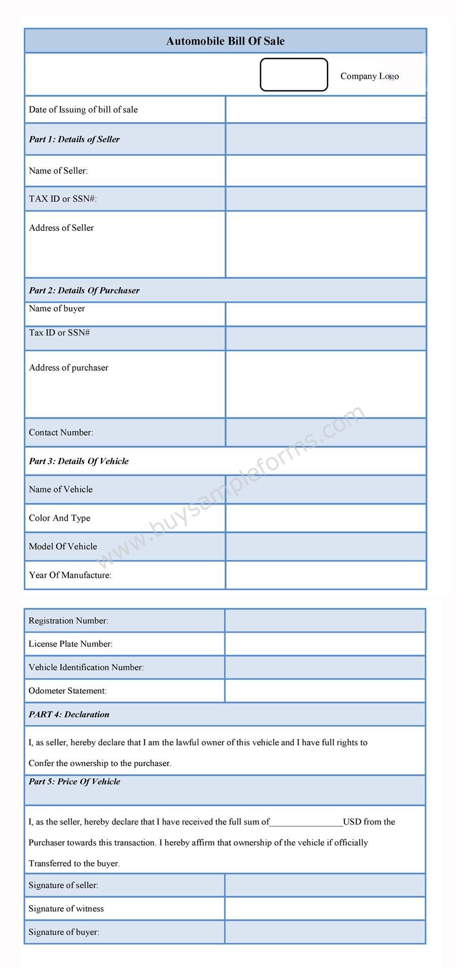 automobile bill of sale form bill of sale forms pinterest