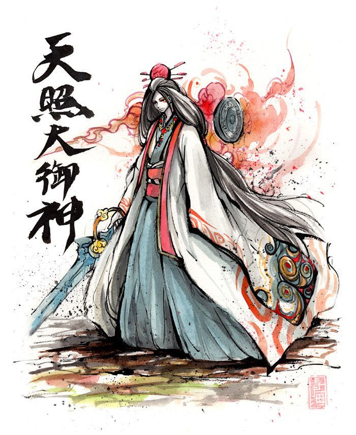 "This is a fine art PRINT of a Japanese Calligraphy featuring the image of the goddess, Amaterasu Omikami. The calligraphy: \"Amaterasu Omikami\" The original painting was done in SUMI ink and watercolor. The print is printed on a textured quality watercolor paper for a more natural feel and look. MEDIUM: A PRINT on cold-pressed watercolor paper SIZE: 8 inches x 10 inches It will be shipped inside a clear polypropylene sleeve with a hard cardboard reinforcement to prevent bending. Looks very nic Amaterasu Omikami, Okami, Watercolor Art Prints, Watercolor Paper, Ink Sketch, Sketches, Studios D'art, Avatar Kyoshi, Sumi Ink