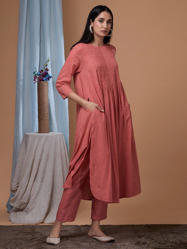 Buy Pink Cotton Kurta with Pants Set of 2 online at Theloom Kurta
