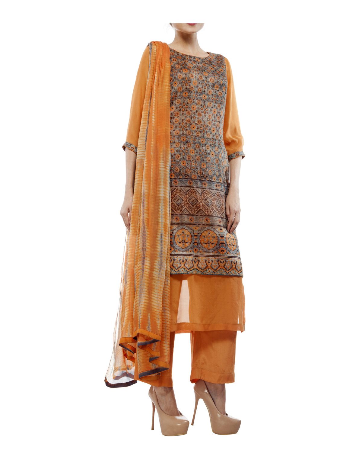 Daforh89imeoe7a3uzwf The Secret Label, Indian Salwar Kameez, Punjabi Suits, Saris, Palazzo, Silk Fabric, Orange Color, Round Neck, Cover Up