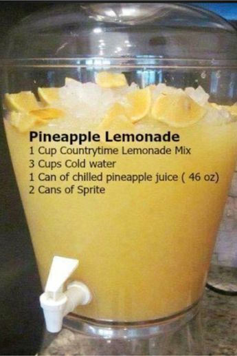 BBQ Party Food Ideas for a Crowd - this Pineapple Lemonade is so easy and SO yummy! Makes for a great summer cookout drink Cookout Drinks, Cookout Food Summer, Cookout Easy, Fruit Drinks, Summer Party Foods, Summer Parties, Pool Party Foods, Summer Bbq Drinks, Cold Drinks