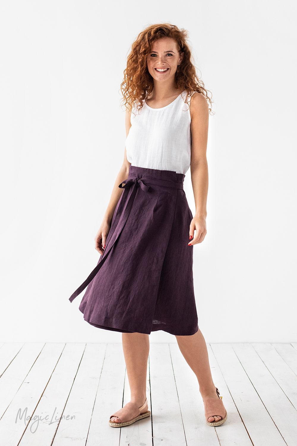 Linen Wrap Skirt Knee Length Circle Skirt