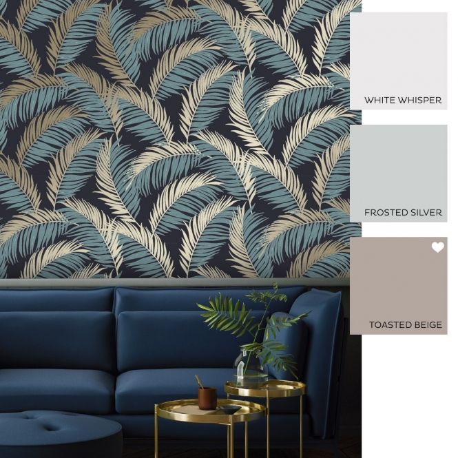 Vivienne Leaf Wallpaper Navy Gold Blue Wallpaper Living Room Leaf Wallpaper Feature Wall Wallpaper