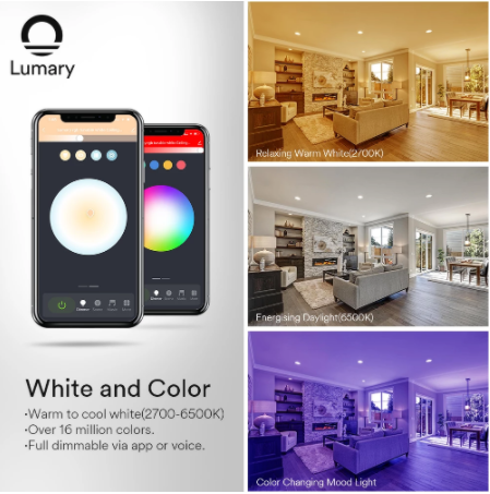 Lumary smart light supports warm white and cool white from 2700K to 6500K. Change lights's color, saturation and brightness what you want, create a home atmosphere what you like, and set a schedule to turn the lights on or off. Led Can Lights, Music Mic, Retrofit Recessed Lighting, Voice Remote, Color Changing Led, 2700k, Kit Homes, Downlights