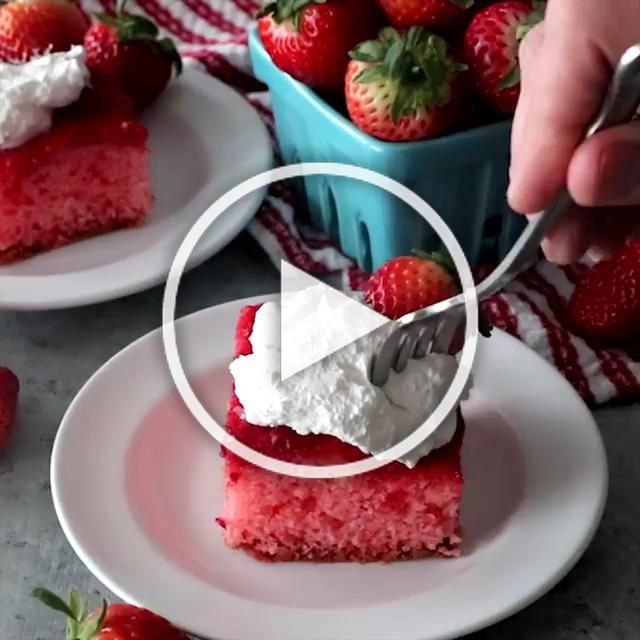 Delicious Upside Down Strawberry Cake that starts with a box cake mix and is inf...
