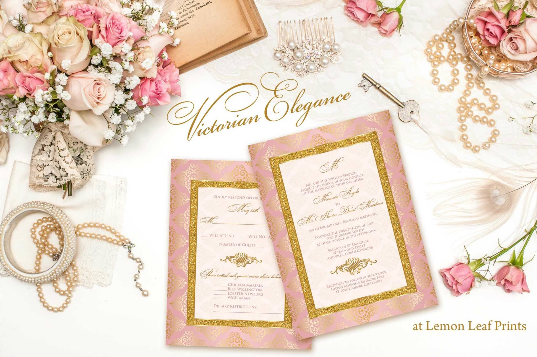 wedding invitation victorian elegance blush pink gold damask