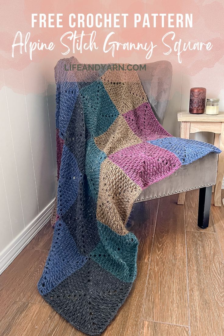 Modern Granny Square Blanket in Alpine Stitch Easy Knit Blanket, Crochet Granny Square Blanket, Crochet Throw, Knitted Blankets, Free Crochet, Knit Crochet, Crochet Blocks, Crochet Square Patterns, Afghan Stitch
