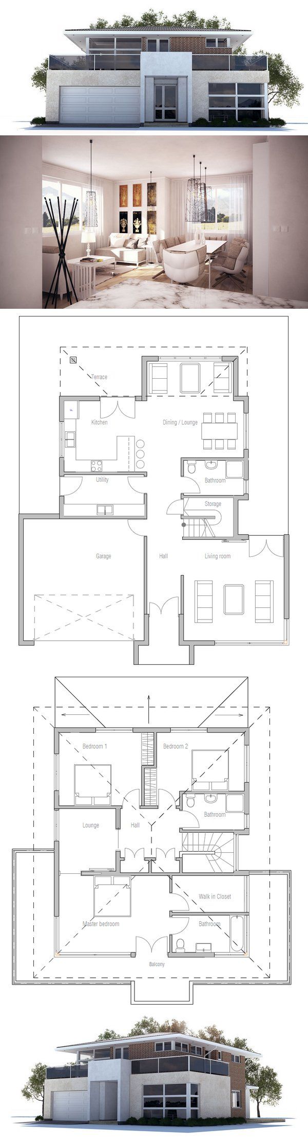 Modern House Plan with three bedrooms, two living areas, double ... Modern House Plan with three bedrooms, two living areas, double ...