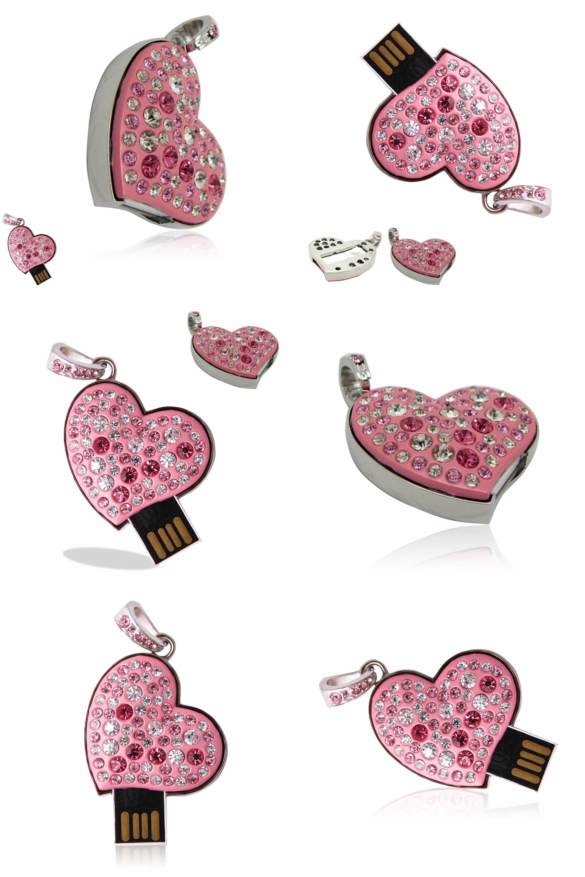 8G 16G 32G 64G USB Flash Drive Crystal Heart Memory Storage Stick Thumb Gift
