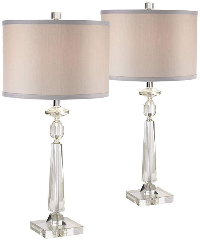 Aline Modern Table Lamp Crystal Column Luxe Gray Drum Shade Aline Modern Table Lamp Crystal Column Luxe Gray Drum Shade