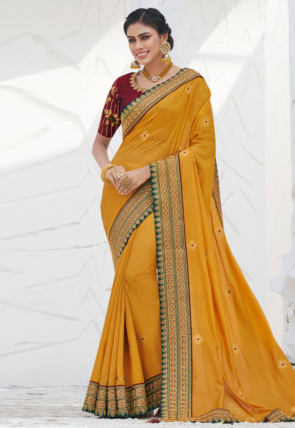 Yellow satin party wear saree 2614 Desc: Color : Yellow Fabric : Georgette Satin Work : Lace Embroidery Occasion : Engagement Reception Ceremonial Baby Shower Festival Christmas Diwali Eid Kitty Party Sangeet Party Wear Wash Care : Dry clean Sleeve Style : Short Sleeve Long Sleeves : Done only in Custom Stitch Sleeves Lining : Done only in Custom Stitch Bust Size: 32 to 42 Inches. With Express Free Shipping and Custom Stitching, Buy Indian Wedding Saree Yellow satin par Art Silk Sarees, Georgette Sarees, Georgette Fabric, Celebrity Gowns, Trendy Sarees, Stylish Sarees, Yellow Fabric, Yellow Color, Yellow Art