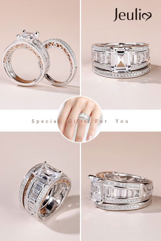 Sterling Silver Rings Set, Silver Ring Set, Jeulia, Sparkling Rings, Bridal Sets, Real Diamonds, Emerald Cut, Commitment, Stones And Crystals