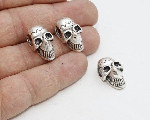 10 Pcs Antique Silver Skull Beads Bracelet Slide Charms 10 Pcs Antique Silver Skull Beads
