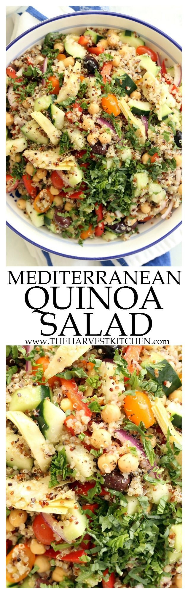 This crowd-pleasing Mediterranean Quinoa Salad is loaded with quinoa, cucumbers, tomatoes, purple onion, red bell peppers, kalamata olives and lots of fresh basil. It makes a delicious light lunch or side salad to serve at barbecues and potlucks. | healthy recipes | | clean eating | | quinoa salad recipes | | gluten free | | vegetarian | Salad Recipes Gluten Free, Quinoa Salad Recipes, Vegetarian Recipes, Cooking Recipes, Healthy Recipes, Pasta Recipes, Free Recipes, Vegetarian Pasta, Vegan Salad