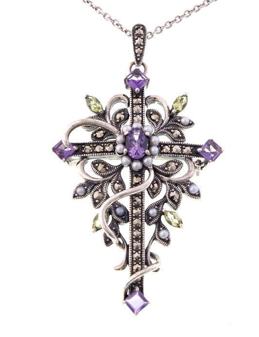 Plata Esterlina Y Amatista Cruz Celta Colgante Con 18 /"chain /& Joyero