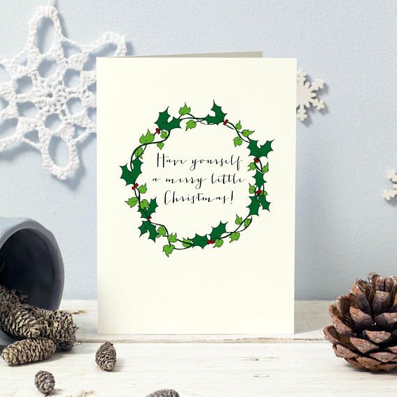 5 hand drawn holly ivy wreath christmas card designs each with a