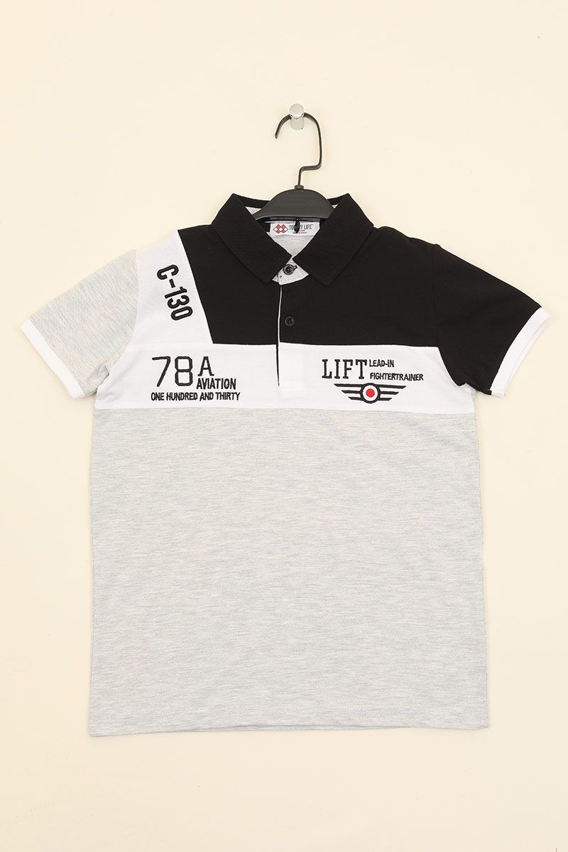 Gri Melanj Erkek Cocuk Nakis Detayli Dar Kesim Polo Yaka T Shirt 10543 Polo Ti Sort Nakis