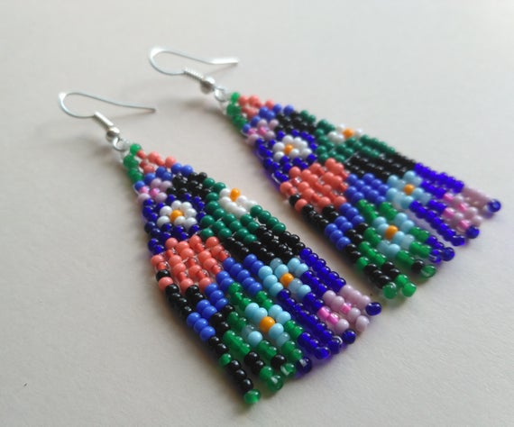 Mini fringe earrings with bright red poppy flowers with yellow center seed bead jewelry