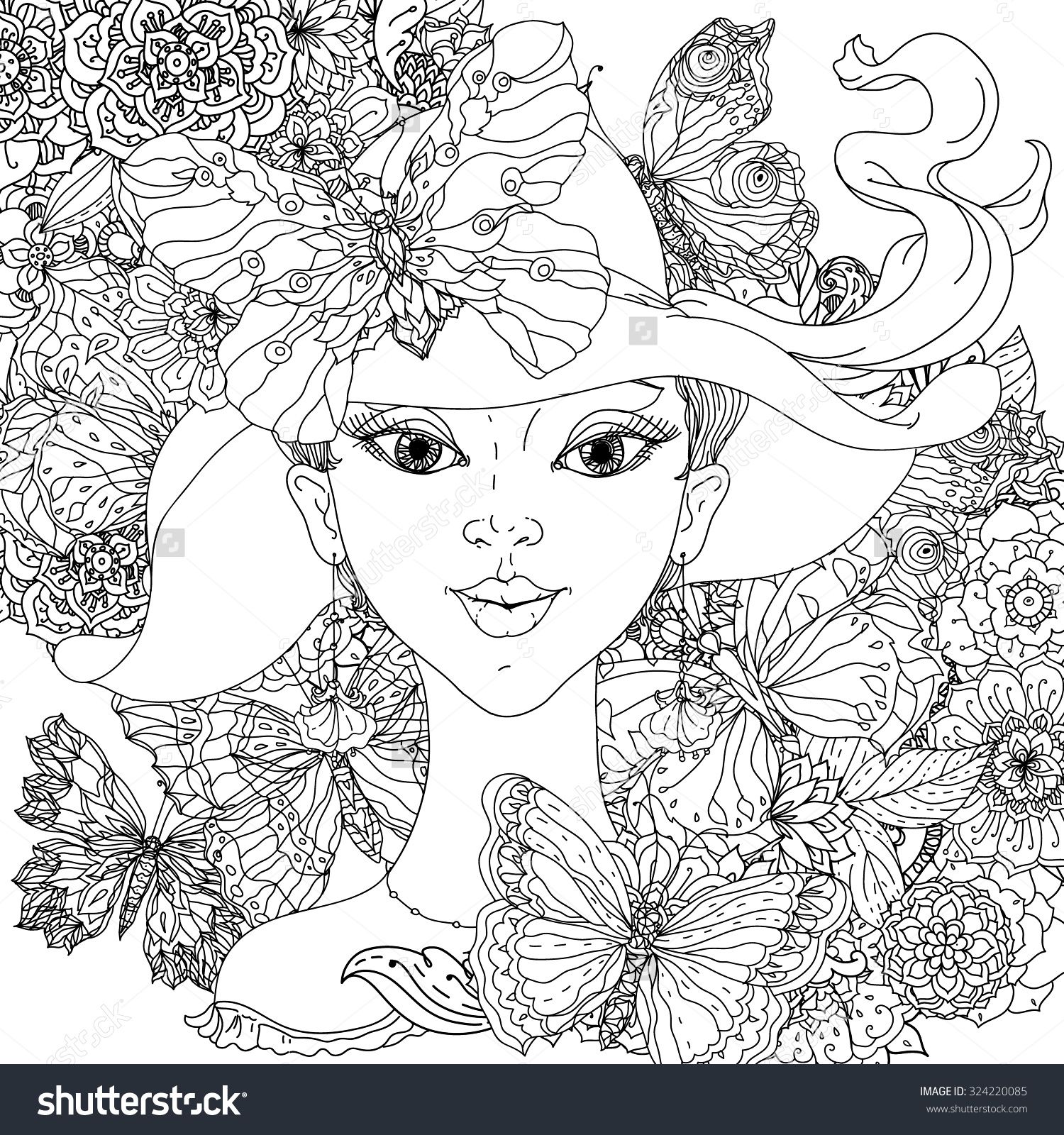 Beautiful Fashion Women With Abstract Hair And 70s Style Hat With Floral Design Elements And Openwork Butterflies Coul Wenn Du Mal Buch Ausmalbilder Ausmalen
