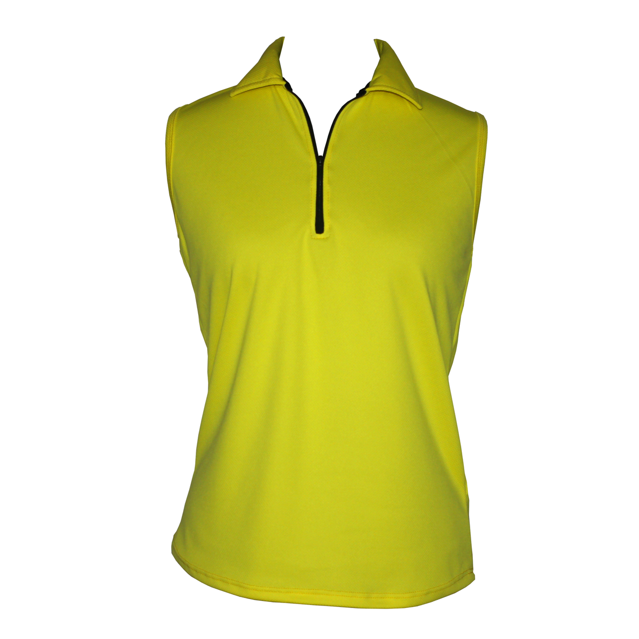 a women's yellow sleeveless top with black piping on the chest and collar