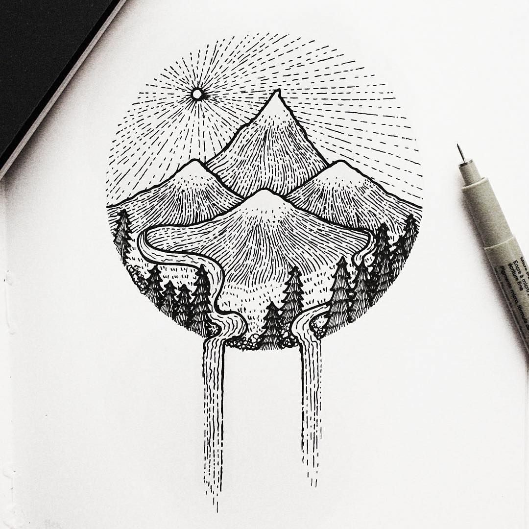 Work Bh Menis Art Tree Waterfall Nature Arts Gallery Lines Drawing Art De Cercle Dessin Trait Dessin Montagne