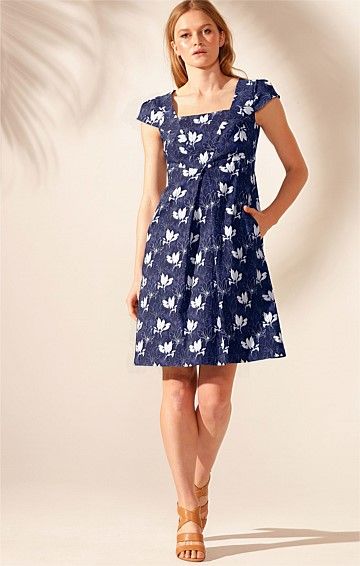 MILOT NORDE STRETCH BENGALINE CAP SLEEVE FIT AND FLARE SHIFT A-LINE DRESS IN NAVY WHITE FLOWER PRINT