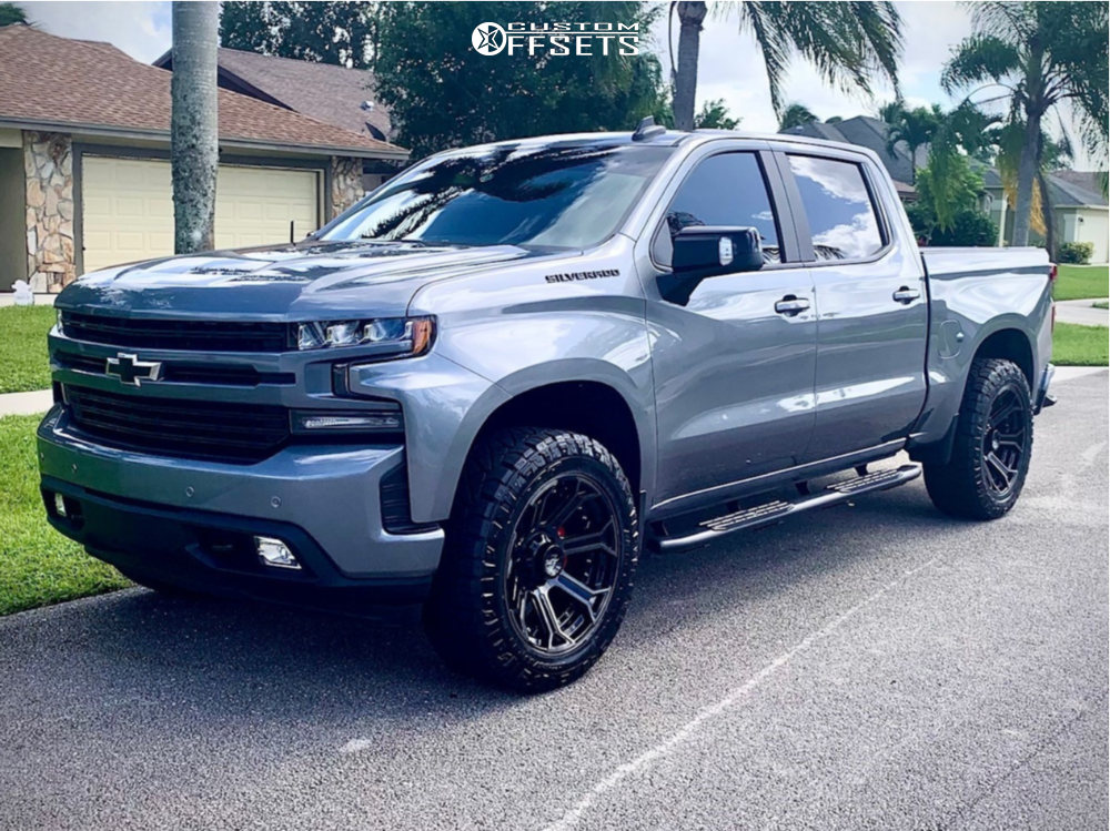 2020 Chevrolet Silverado 1500 Aggressive > 1" outside fender on 22x10 -18 offset 4Play 4p70 and 285/55 Nitto Ridge Grappler on Leveling Kit - Custom Offsets Gallery Black Chevy Silverado, Chevrolet Trucks Silverado, Silverado Wheels, Custom Silverado, Chevy Trucks Silverado, Chevrolet Pickup, Chevrolet Blazer, Chevy Pickups, Gmc