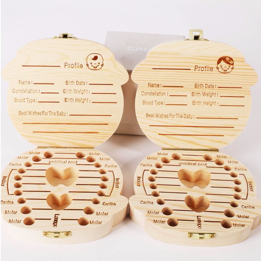 Wood Baby Girl Boy Tooth Box Organizer Save Milk Teeth Storage Collecting Cord
